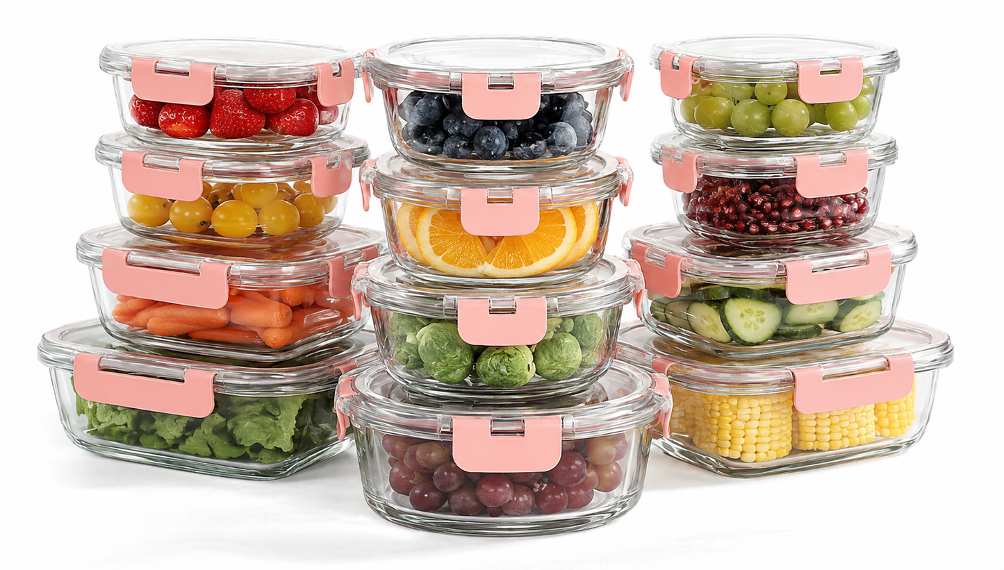 Keep Food Fresh. Stay Organized.  Premium borosilicate glass containers with airtight locking lids. Perfect for meal prep, fresh produce, leftovers, freezer storage, and everyday kitchen organization.