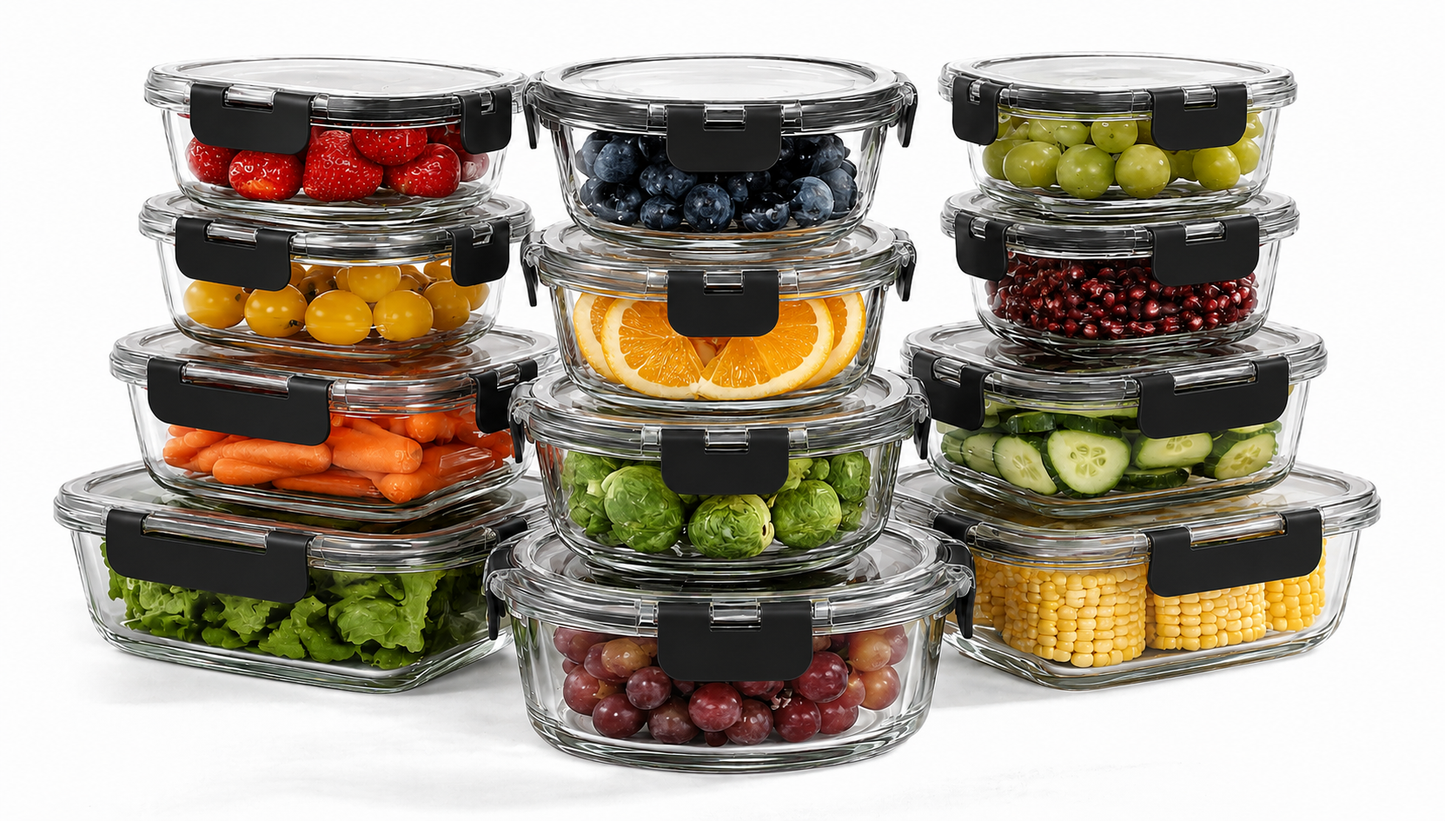 Keep Food Fresh. Stay Organized.  Premium borosilicate glass containers with airtight locking lids. Perfect for meal prep, fresh produce, leftovers, freezer storage, and everyday kitchen organization.